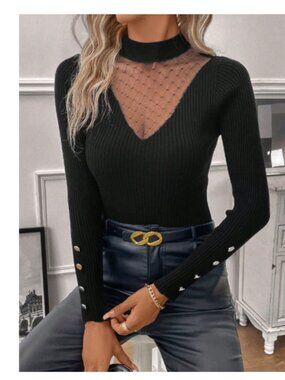 NEW Women's Black Ribbed Knit Sweater with Mesh Detail - Long Sleeve - Large